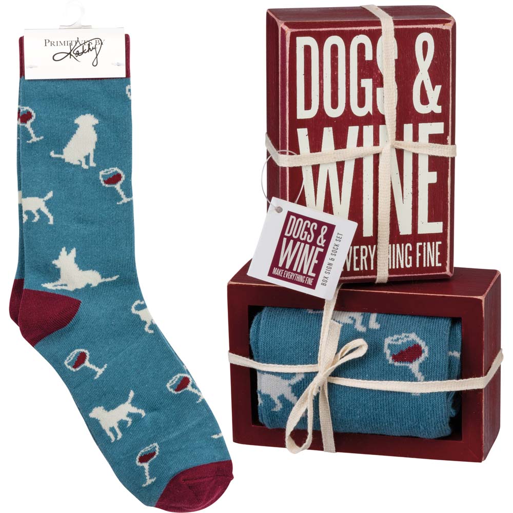 Primitives Box Sign & Sock Set - Dogs And Wine