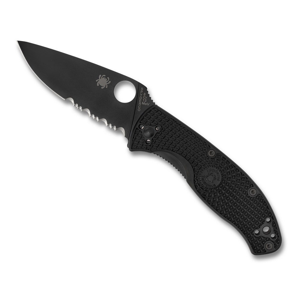 Spyderco Tenacious Lightweight, Black FRN / Black Oxide 8Cr13MoV, Partially Serrated - C122PSBBK