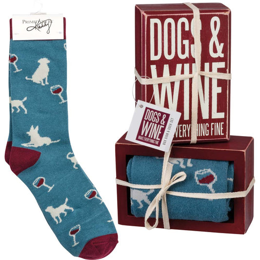 Primitives Box Sign & Sock Set - Dogs And Wine