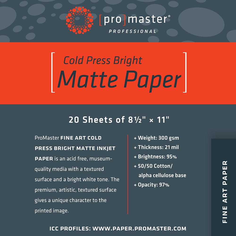 Promaster Fine Art Cold Press Bright Matte Paper 8.5"x11" - 20 Sheets