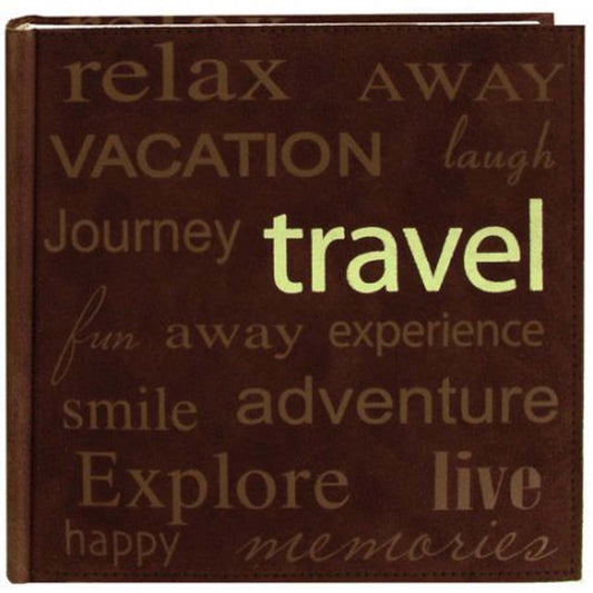 Pioneer "Travel" Text Design Sewn Faux Suede Cover Photo Album, Brown