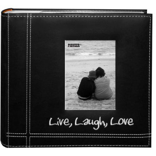 Pioneer Embroidered Live, Laugh, Love Black Sewn Leatherette Frame Cover Album for 4x6 Prints
