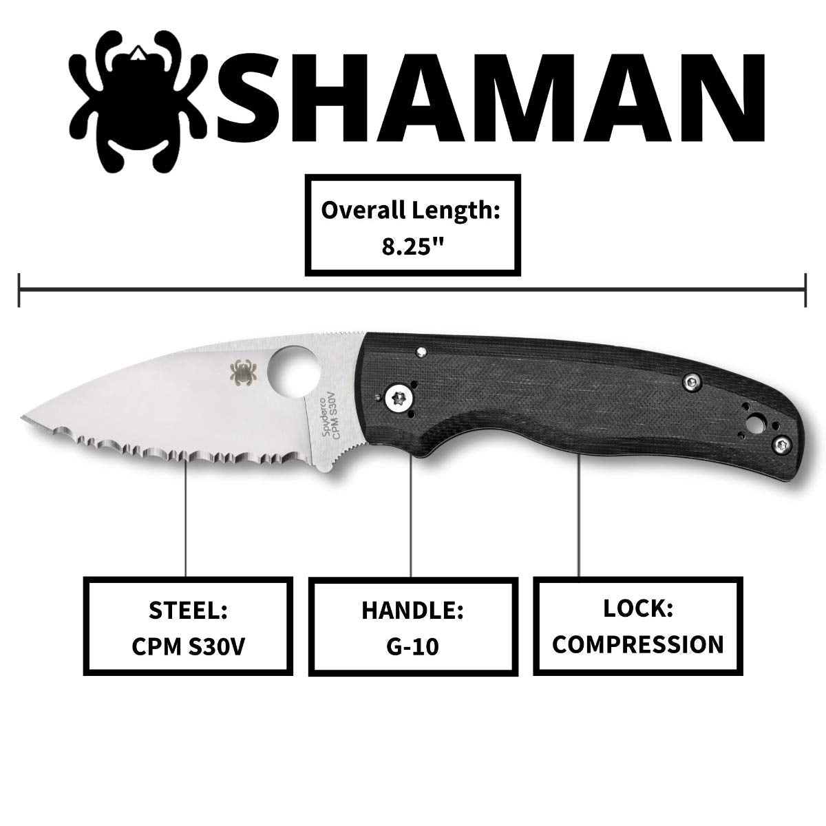 Spyderco Shaman, Black G-10 / Stonewash CPM-S30V, Serrated - C229GS