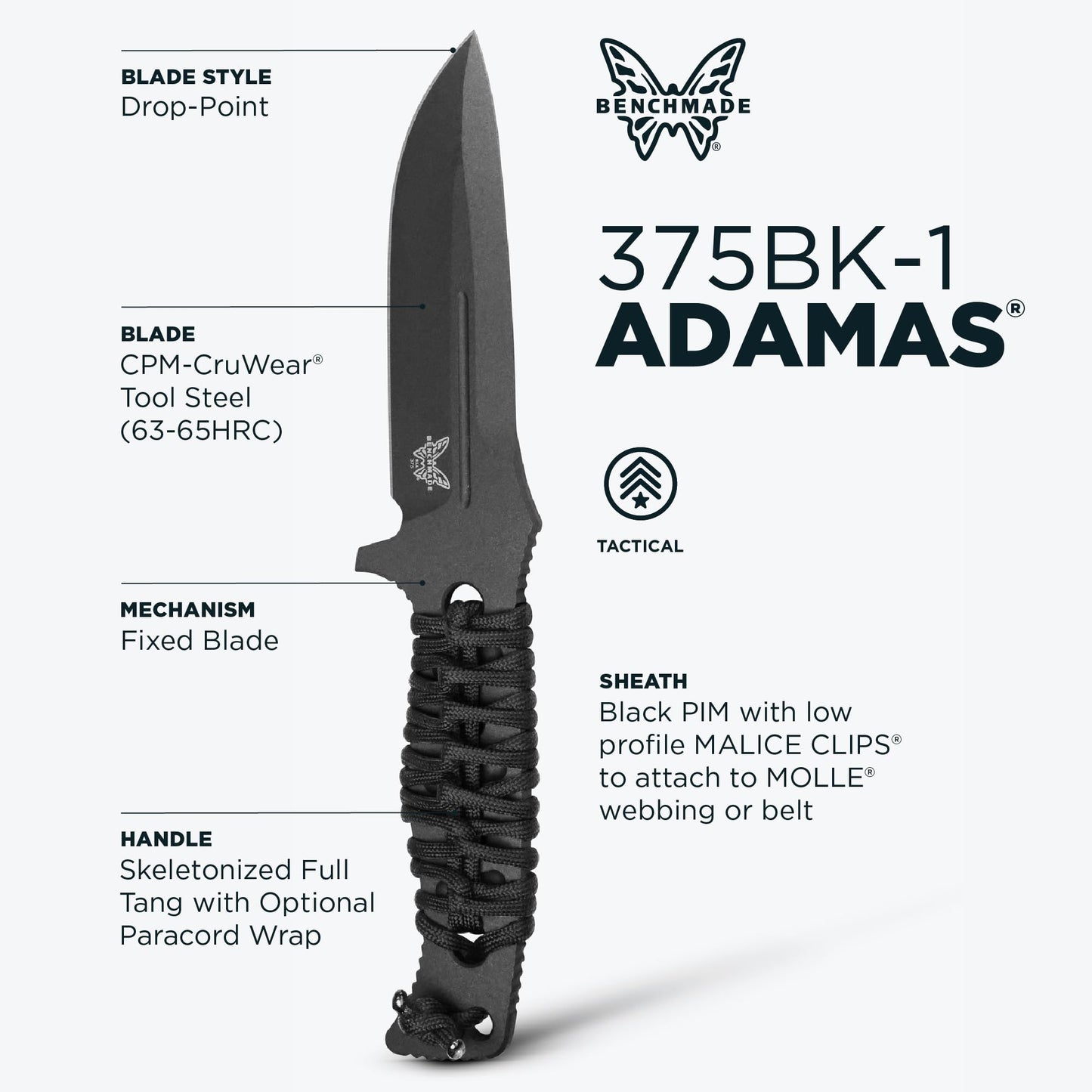 Benchmade Adamas Fixed Blade Paracord Drop Point 375BK-1