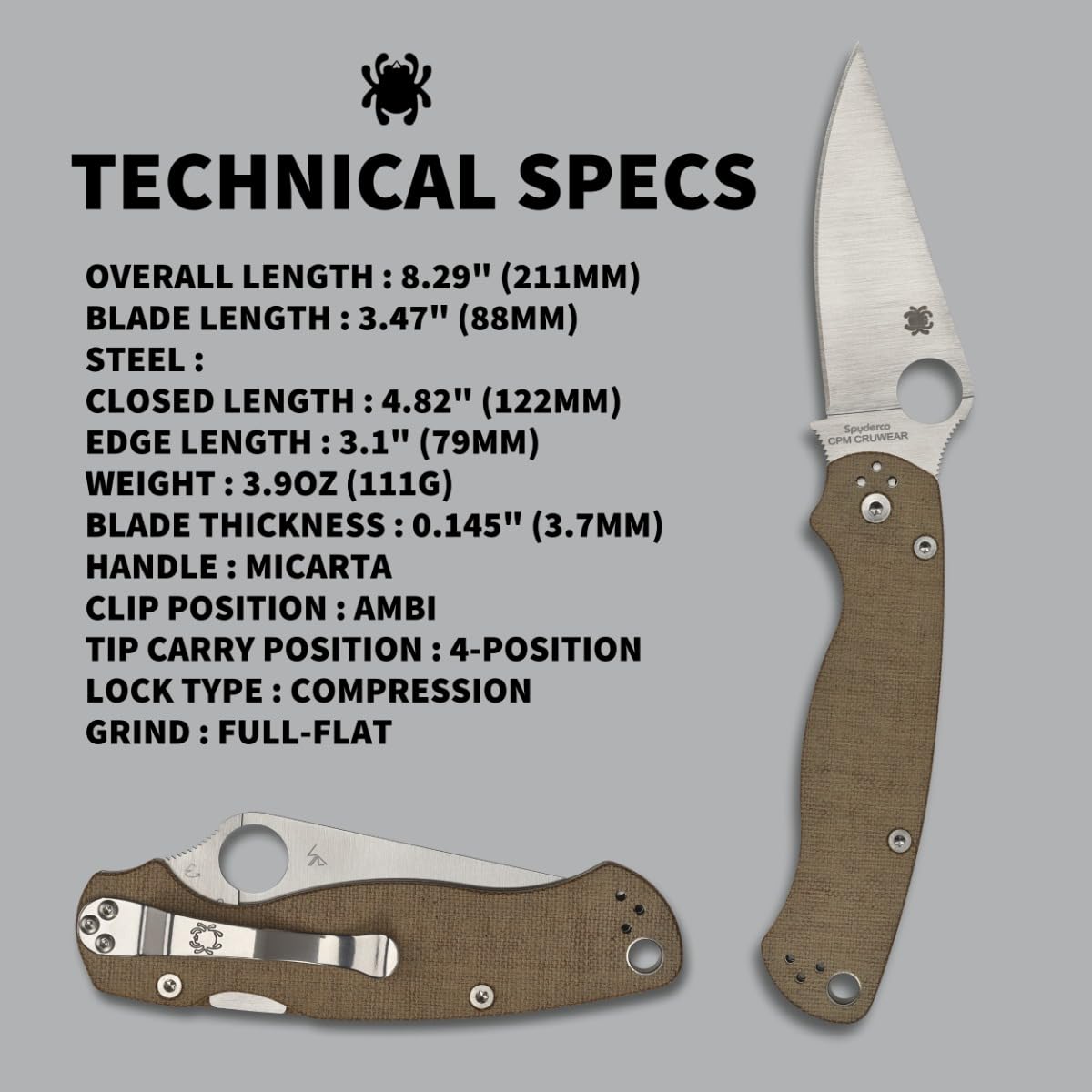 Spyderco Paramilitary 2 Brown Micarta, Satin CRUWEAR - C81MPCW2